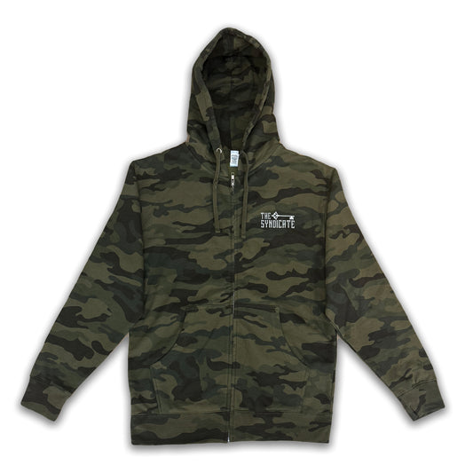 Green camouflage zip-up hoodie with white 'SYNDICATE' text on the front.