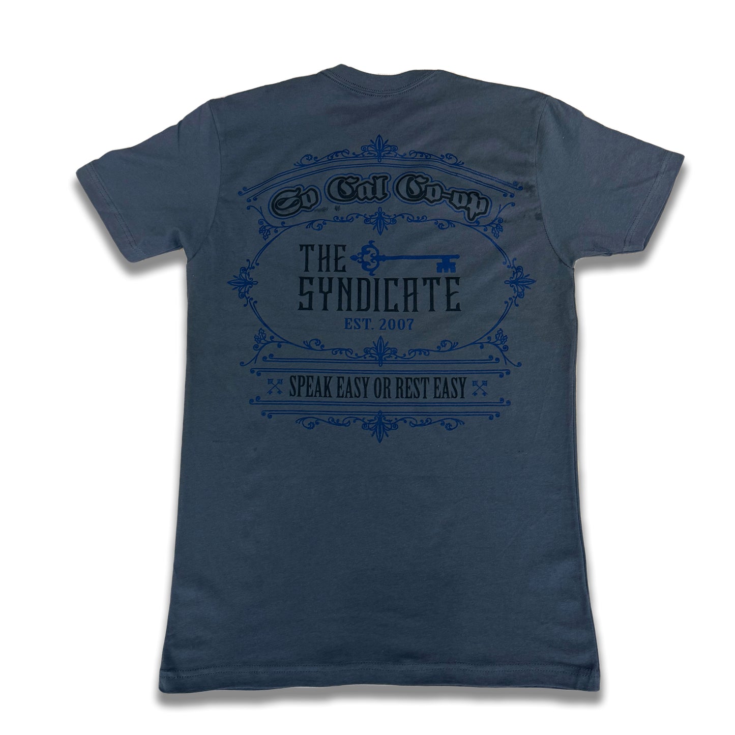 Charcoal Socal COOP X The Syndicate TSHIRT with Speak Easy or Rest easy at the bottom.