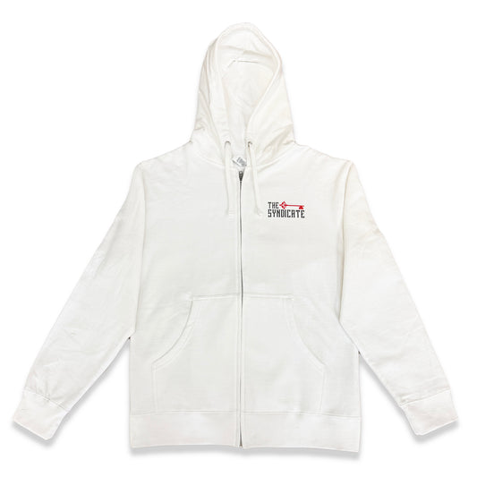 A white zip-up hoodie with black and red text and design elements, featuring a hood and pockets.