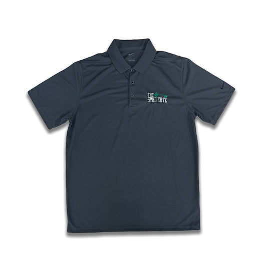 A gray Nike Dry-Fit polo shirt with a collar, short sleeves, and a logo on the chest.