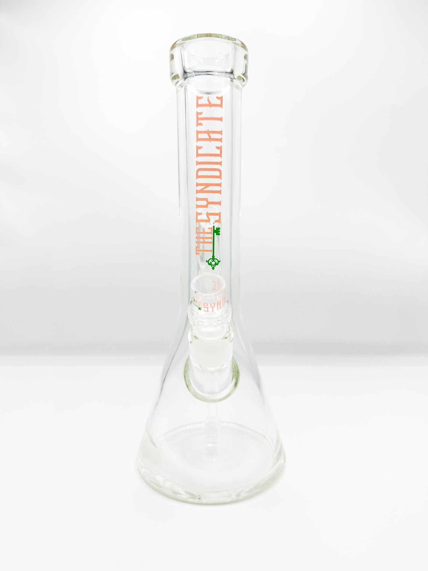 A clear glass bong with a beaker bottom, featuring pink and green text and logos indicating the brand 'Syndicate'.