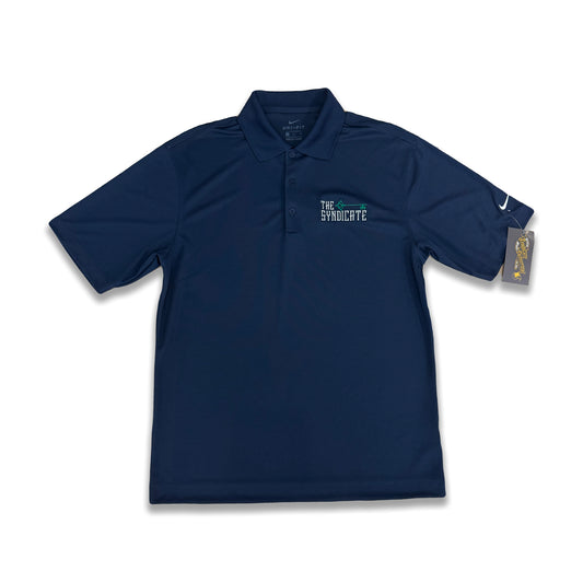 Navy colored Nike Dry-Fit polo shirt with a logo on the chest and a smaller logo on the right sleeve.