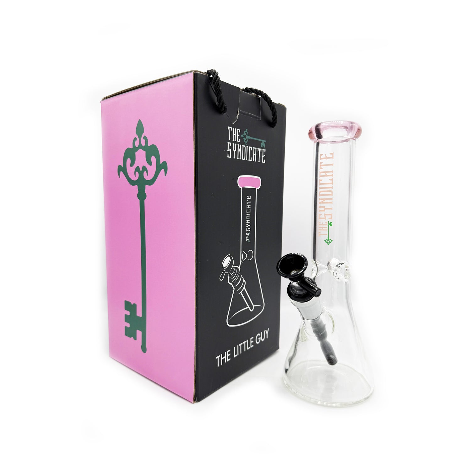 A clear glass bong with pink accents on the lid, displayed alongside its pink and black cary box with the brand 'The Syndicate' visible on it.