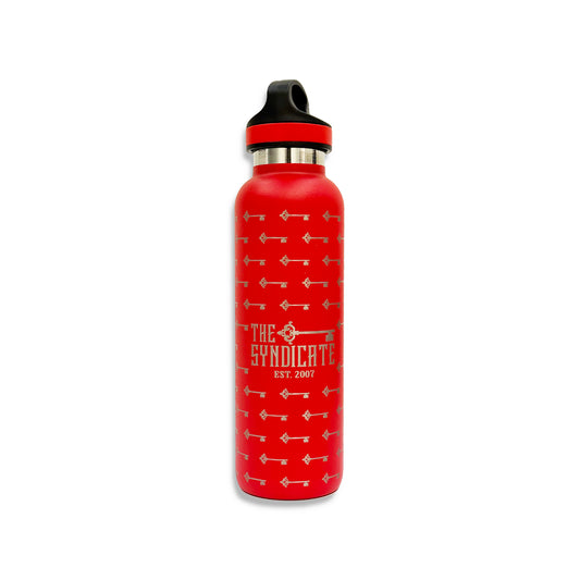 Red 40oz. water bottle with 'The Syndicate' logo and geometric designs in black and gold colors.