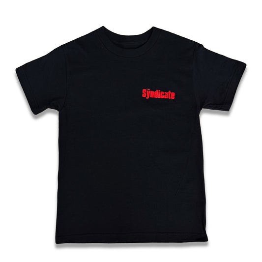 Black t-shirt with 'Syndicate' text printed in red on the front.