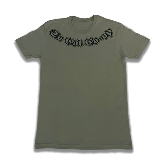 Olive green t-shirt with text 'Socal Coop' in black on the front.