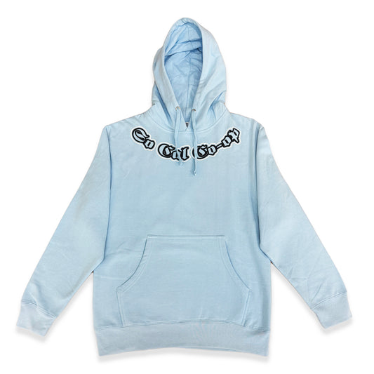 A blue hoodie with the text 'Go Out And Get It' on the front, featuring a hood, pockets, and a pullover style.