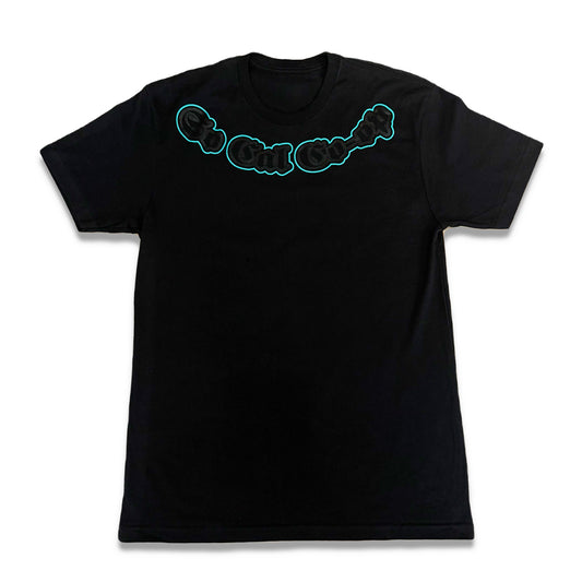 Black T-shirt with turquoise graphic text design on the front.