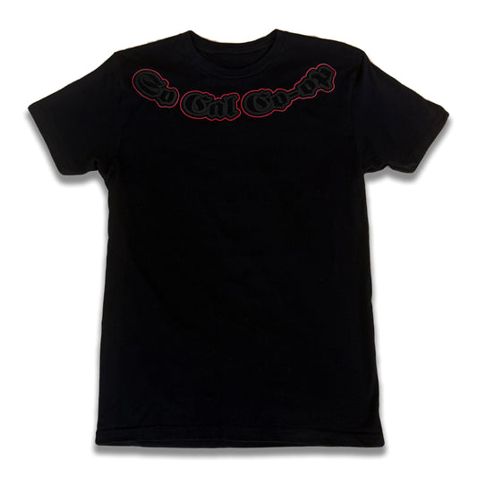 A black crew neck t-shirt with red text graphic on the front.