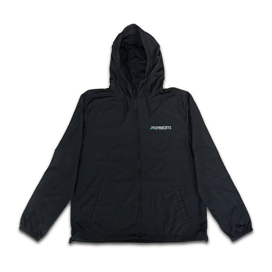 A black hooded windbreaker jacket with 'SYNDICATE' written on the front.