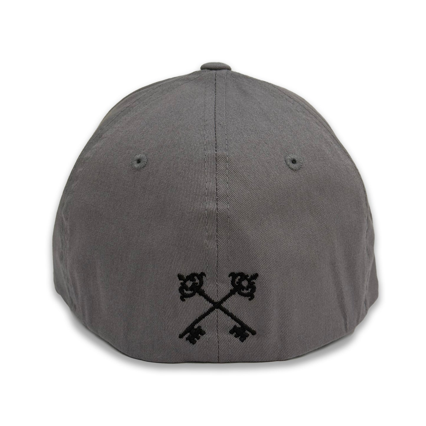 rear of a grey syndicate flexfit hat with black key x on the back