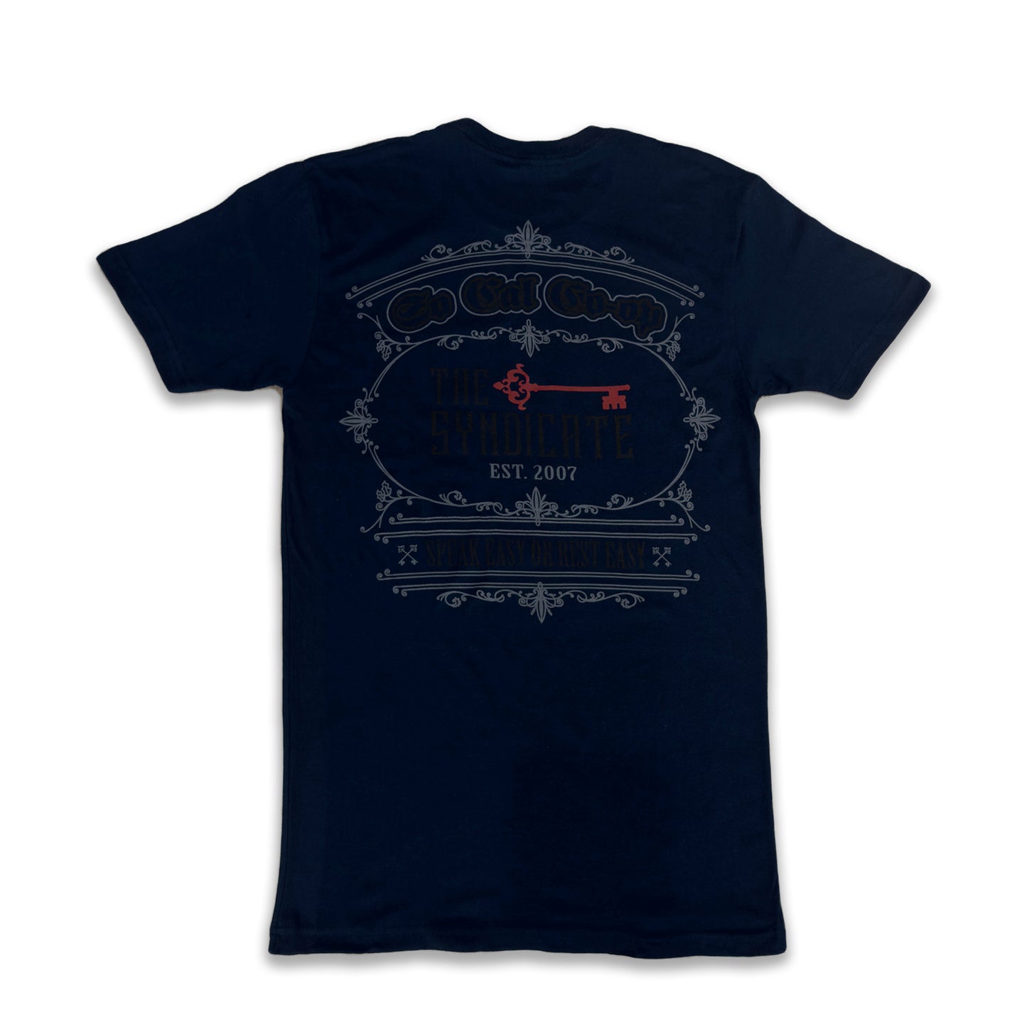 Midnight Black Socal Co-Op X The Syndicate T Shirt, with Speak Easy or Rest Easy at the bottom.