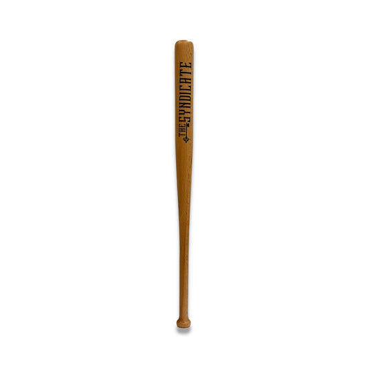 A collectible mini bat with a wooden barrel and black branding text that reads 'The Syndicate'.
