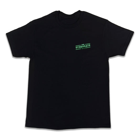 A black Syndicate Collection LA Skyline T-shirt with a small green logo on the upper left front.